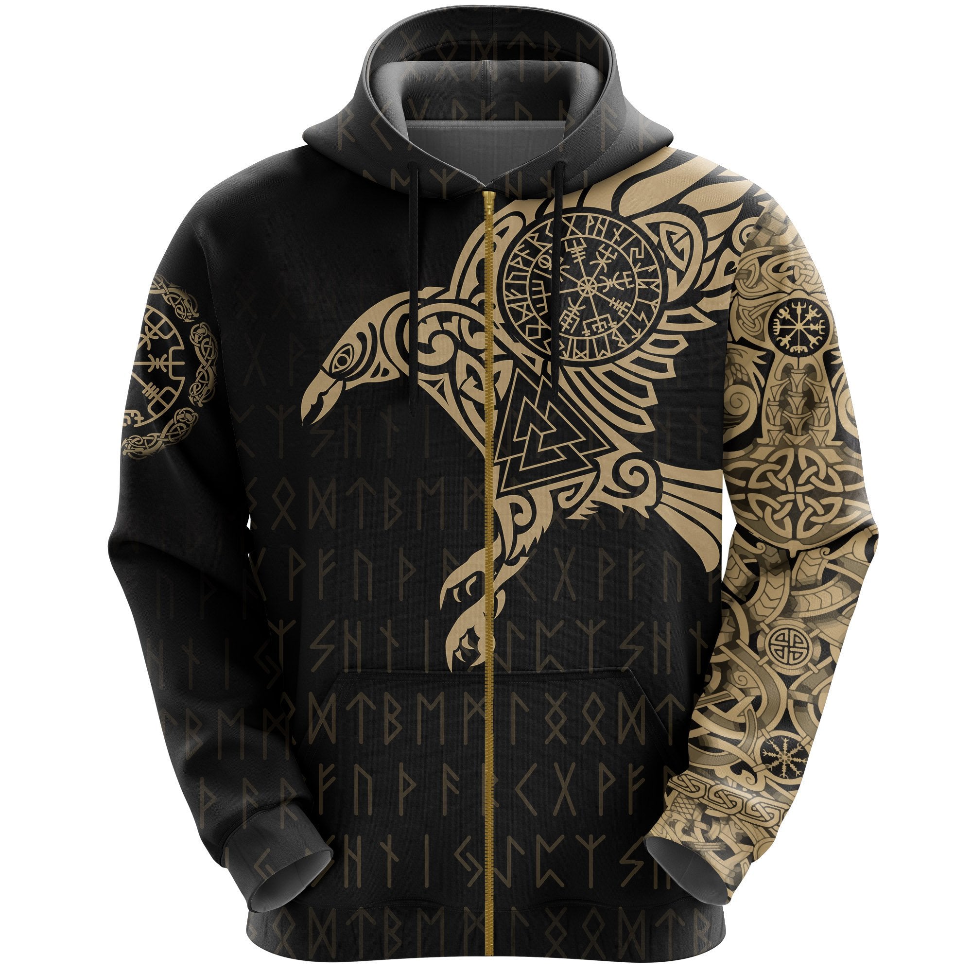 Viking The Raven Of Odin Tattoo Zip Hoodie Gold RLT12