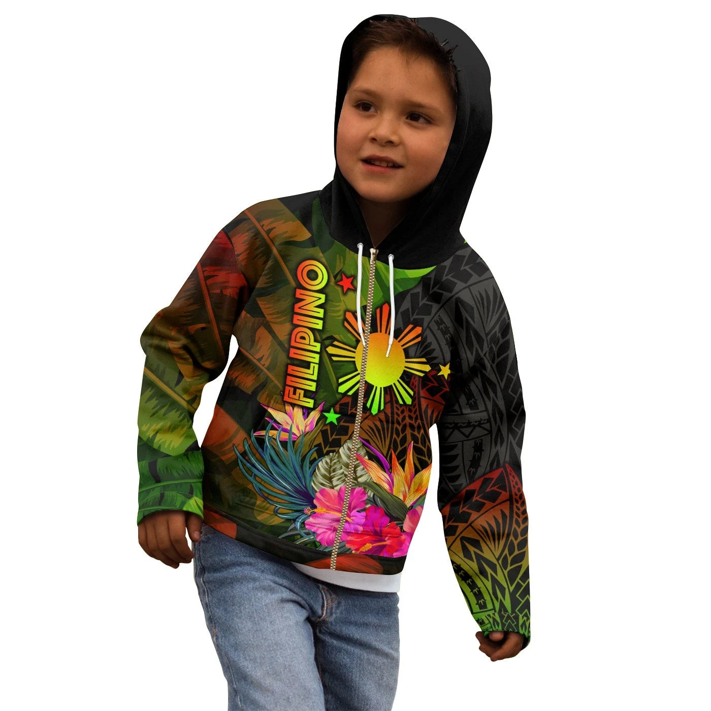 The Philippines Polynesian Zip Up Hoodie Hibiscus and Banana Leaves RLT6