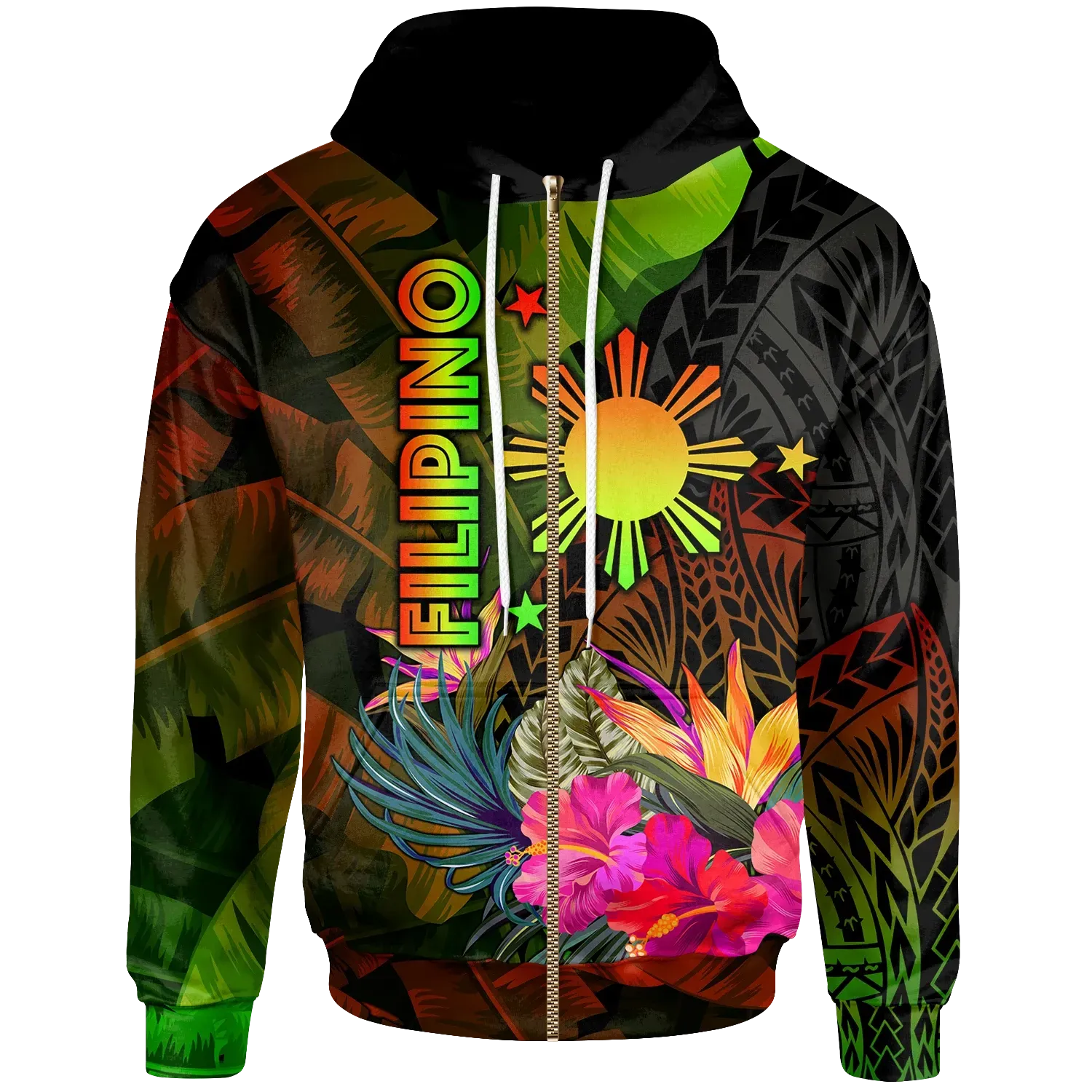 The Philippines Polynesian Zip Up Hoodie Hibiscus and Banana Leaves RLT6