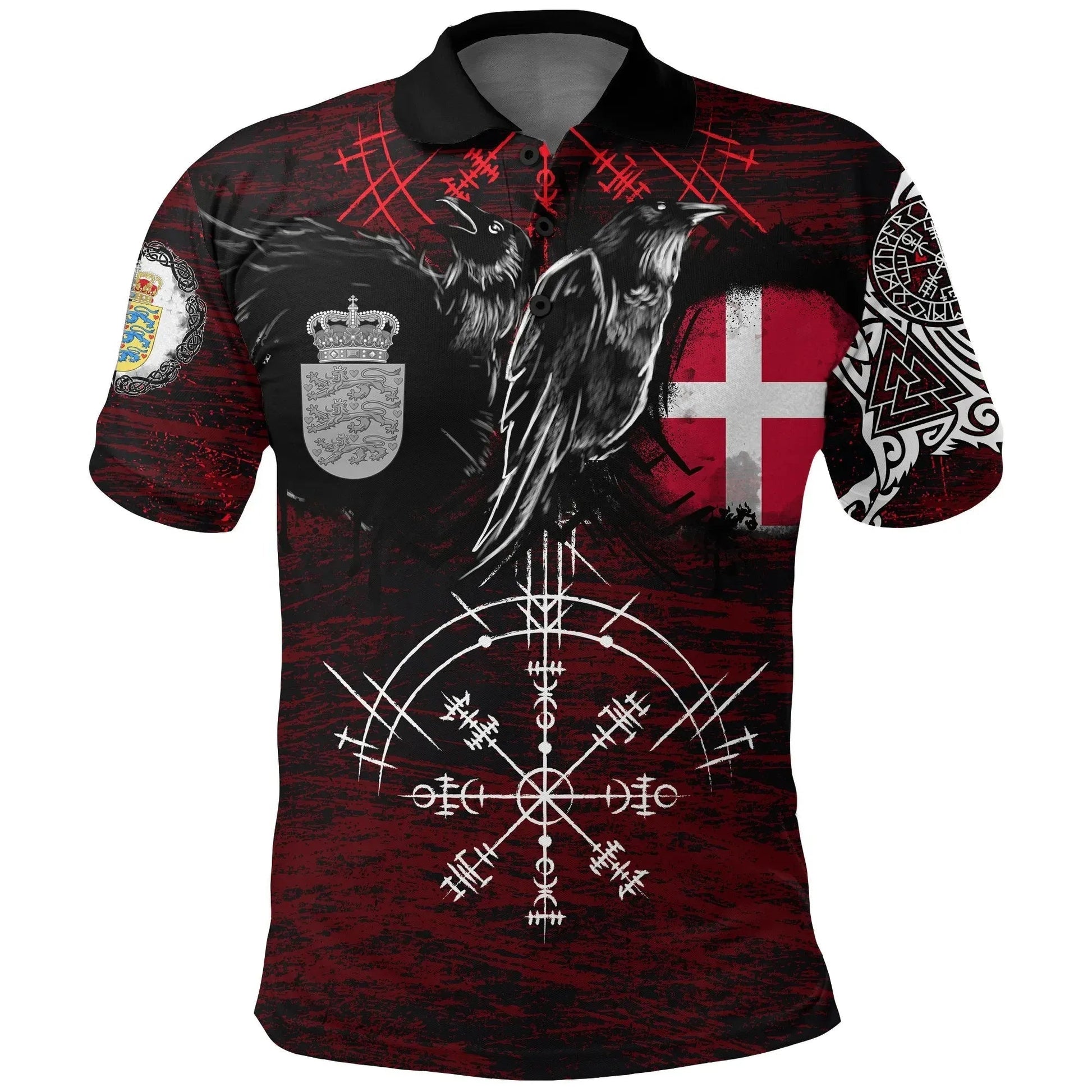Viking Polo Shirt Denmark Raven of Odin and Symbol Viking on Blood Background RLT13