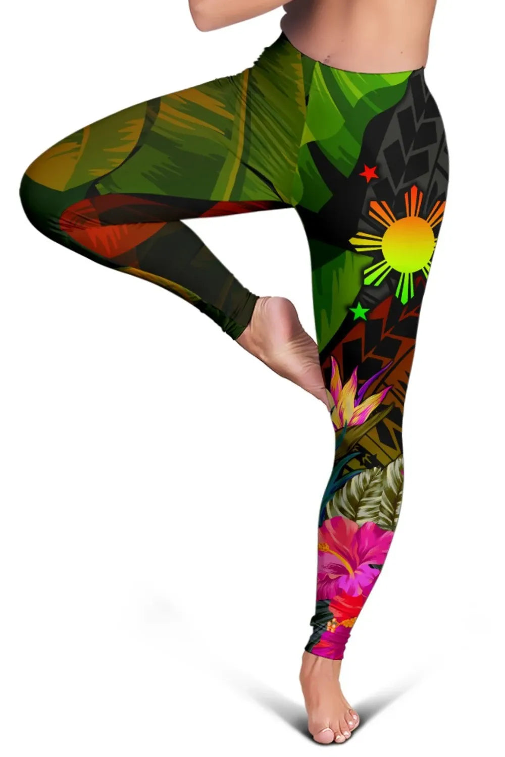 The Philippines Polynesian Women's Leggings Hibiscus and Banana Leaves RLT6