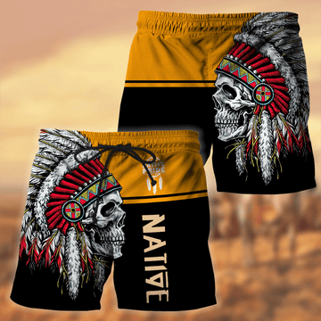 Black and Yeallow Native Skull Pattern Native American All Over Printed Men Shorts
