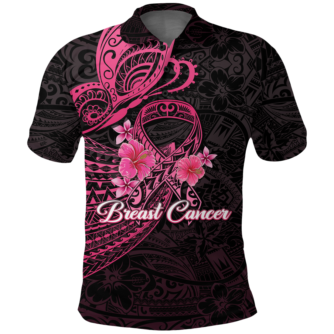 Breast Cancer Pink Ribbon Butterfly Polynesian Black Version Polo Shirt LT12