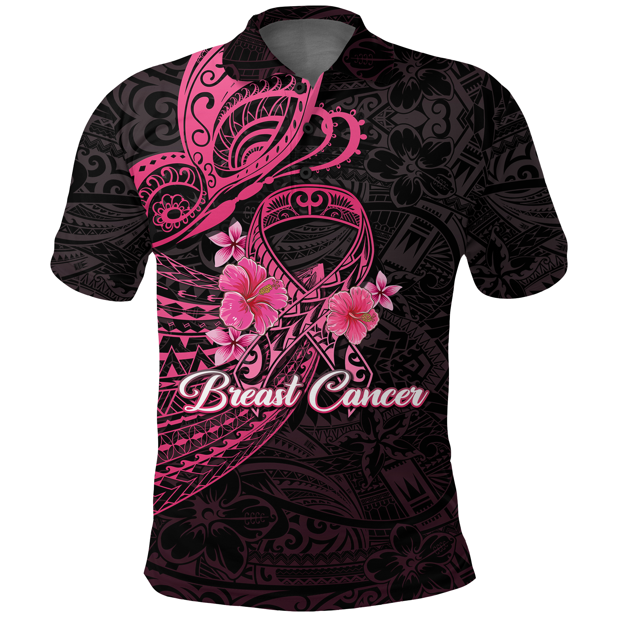 Breast Cancer Pink Ribbon Butterfly Polynesian Black Version Polo Shirt LT12