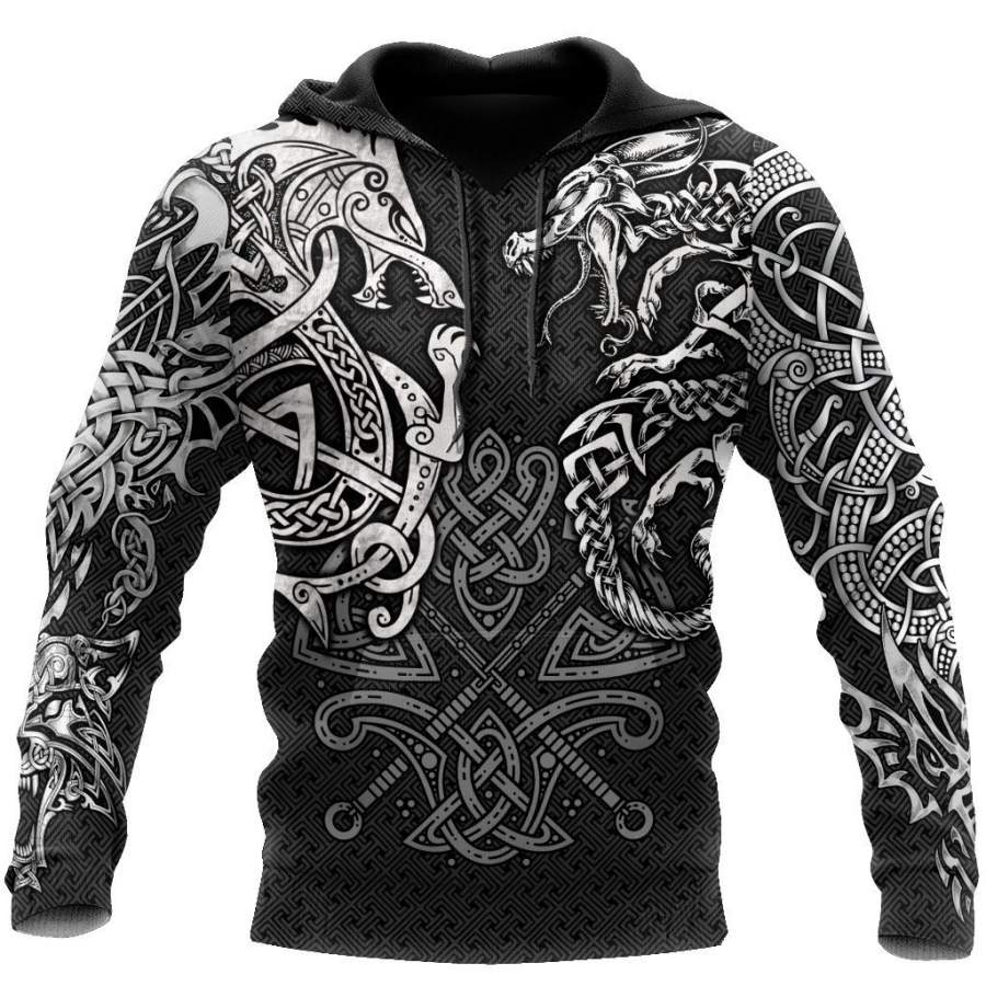 Viking Clothing Viking Dragon and Wolf Tattoo Zip Hoodie RLT12