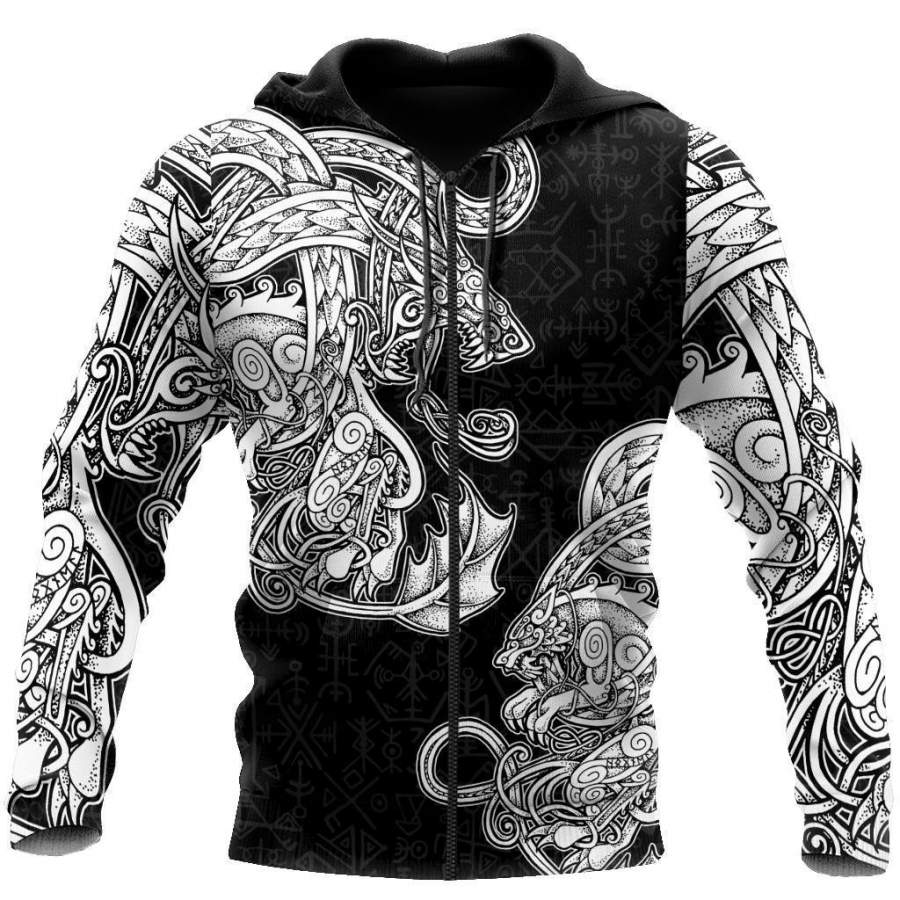 Viking Clothing White Jormungandr and Fenrir Vikings Hoodie RLT12