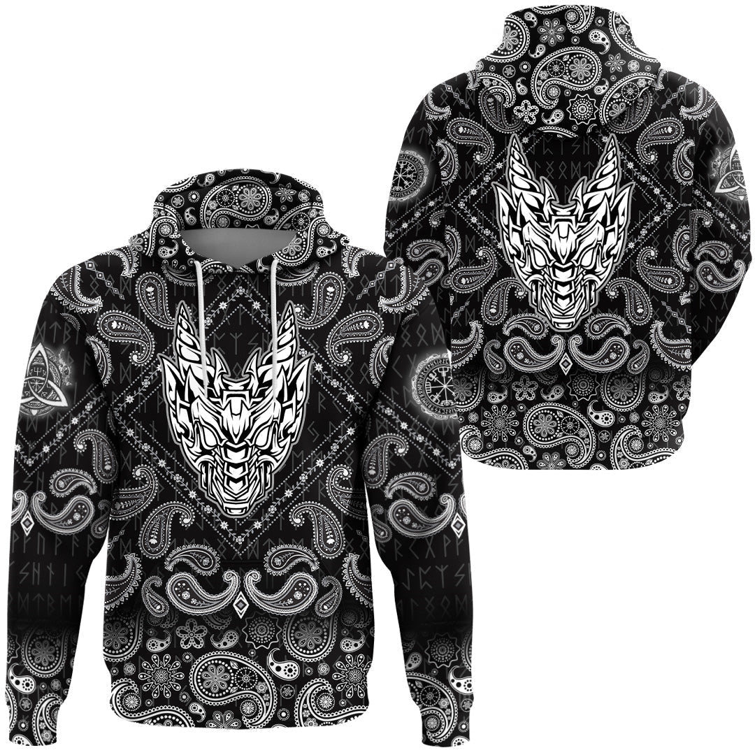 Viking Hoodie Abstract Horned Dragon with Bandana Paisley Style RLT12
