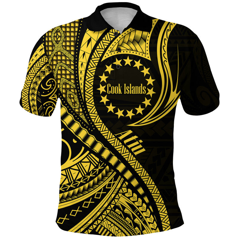 Custom Atiu Cook Islands Polo Shirt Gold Polynesian Wave Style LT9
