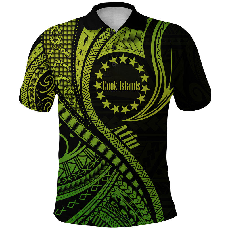 Atiu Cook Islands Polo Shirt Green Polynesian Wave Style LT9