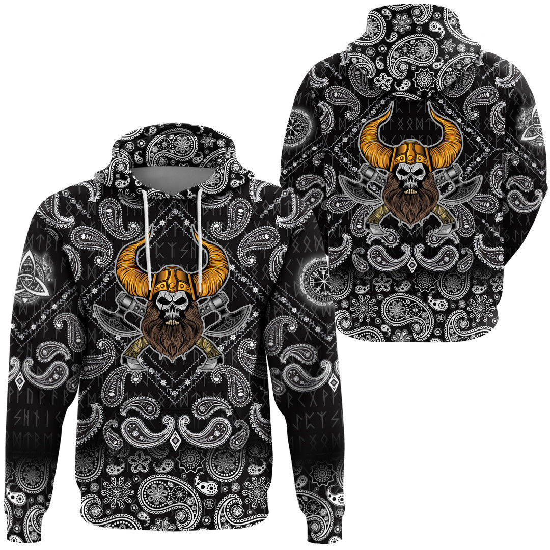 Viking Hoodie Beard Skull Cross Axes with Bandana Paisley Style RLT12