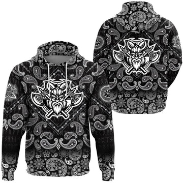 Viking Hoodie Black and White Head With Shield and Axe with Bandana Paisley Style RLT12