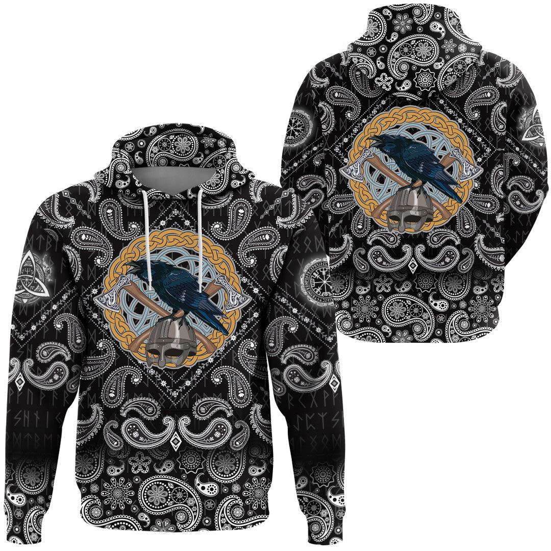 Viking Hoodie Black Crow Sitting On Helmet With Two Crossed Axes with Bandana Paisley Style RLT12