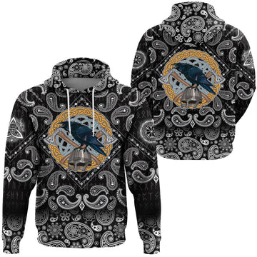 Viking Hoodie Black Crow Sitting On Helmet With Two Crossed Axes with Bandana Paisley Style RLT12