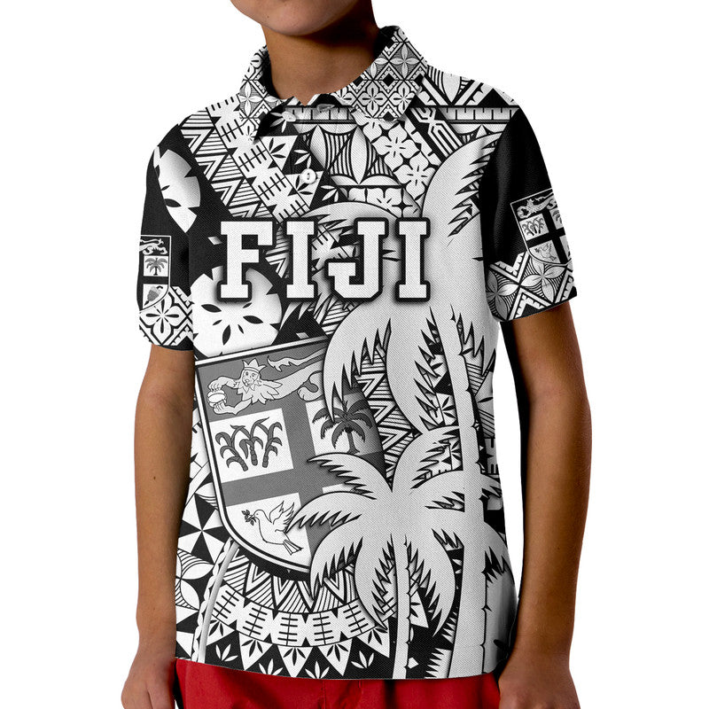 Fiji Polo Shirt Coat Of Arms Masi Tapa Mixed Palm Tree No1 Black Version LT9