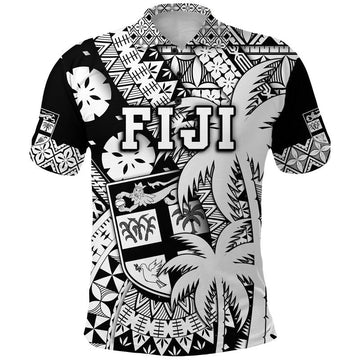 Fiji Polo Shirt Coat Of Arms Masi Tapa Mixed Palm Tree No1 Black Version LT9
