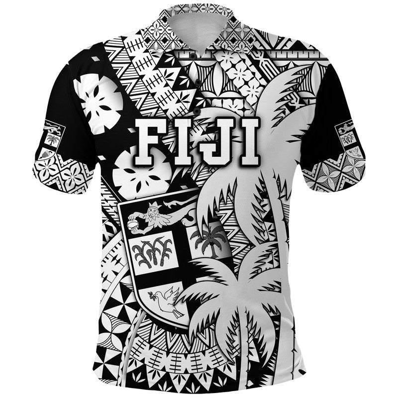 Fiji Polo Shirt Coat Of Arms Masi Tapa Mixed Palm Tree No1 Black Version LT9