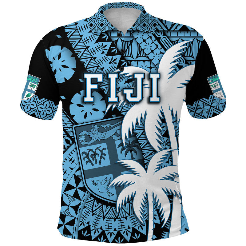 Fiji Polo Shirt Coat Of Arms Masi Tapa Mixed Palm Tree No1 Blue Version LT9
