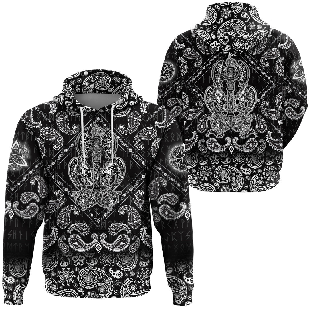 Viking Hoodie Celtic Dragons Thors Hammer Axe Viking with Bandana Paisley Style RLT12
