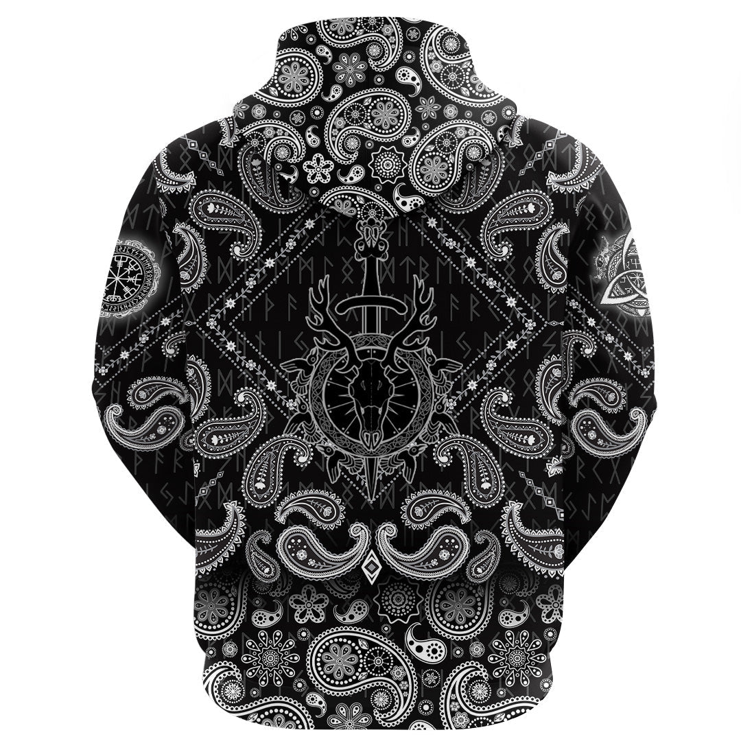 Viking Hoodie Deer Skull Sword and Shield with Bandana Paisley Style RLT12