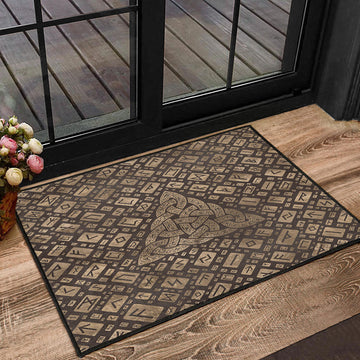 Viking Door Mat Triquetra and Runic Alphabet Wood and Gold Door Mat RLT12
