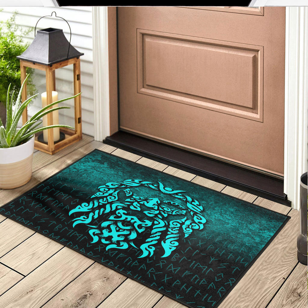Viking Door Mat Viking God Odin Allfather In Asgard Raven God Cyan Version Door Mat RLT12