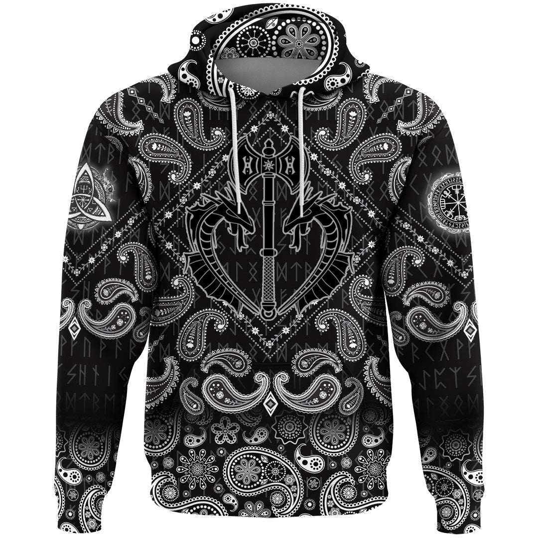 Viking Hoodie Dragons and Axe Stencil with Bandana Paisley Style RLT12