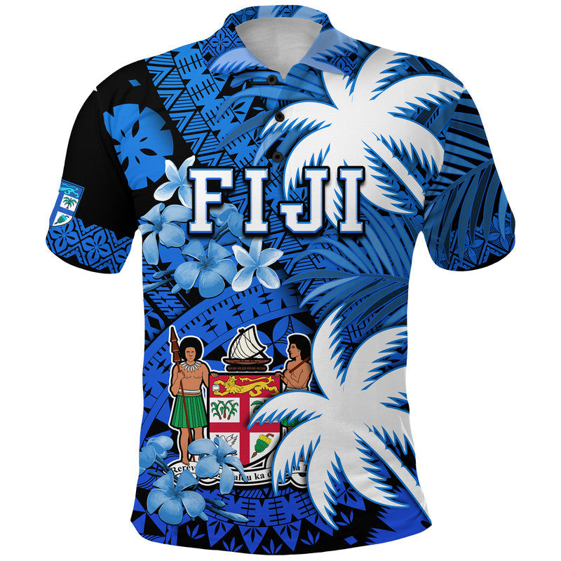 Fiji Polo Shirt Coat Of Arms Masi Tapa Mixed Palm Tree No2 Blue Version LT9