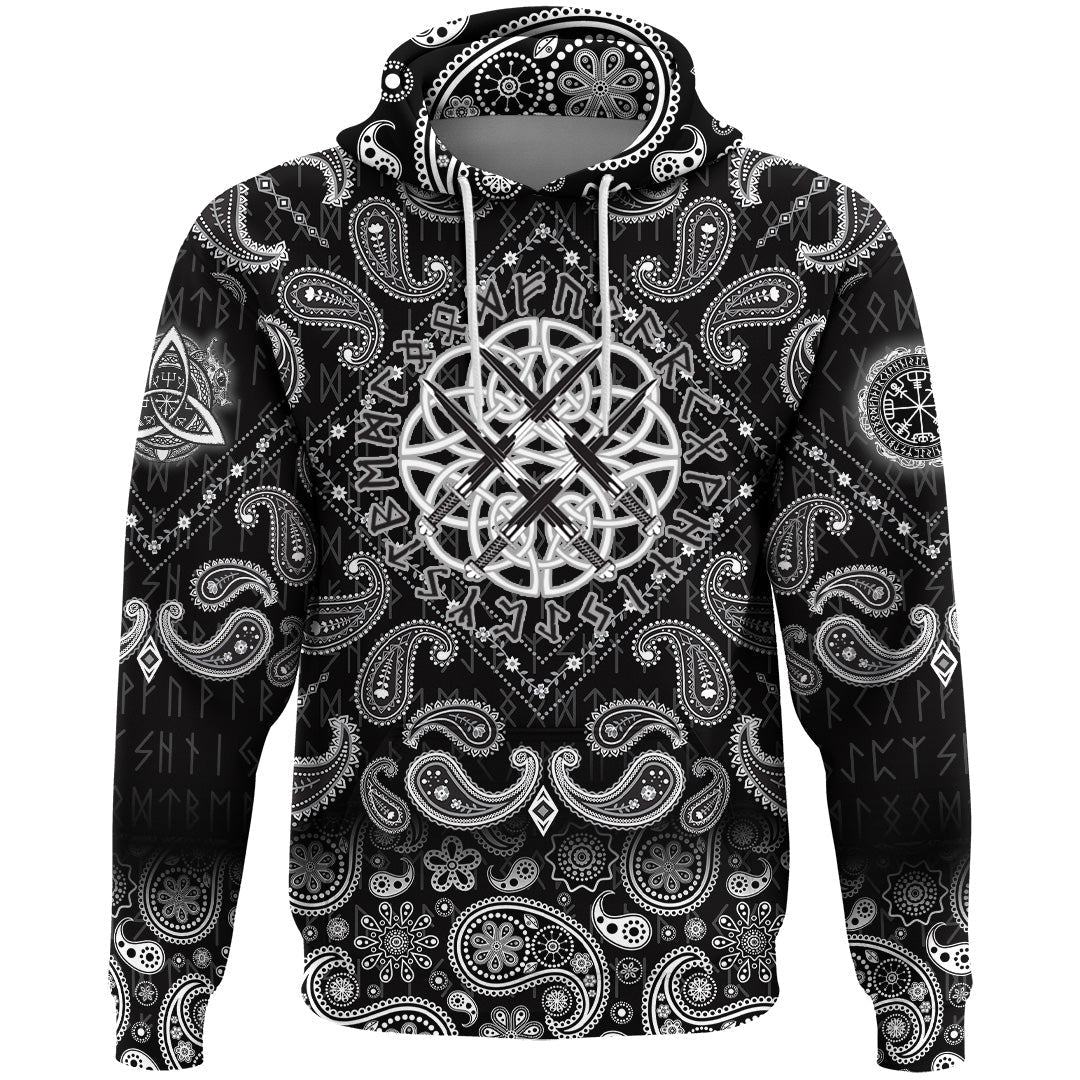 Viking Hoodie Four Crossed The Sword In Circle Of Norse Runes with Bandana Paisley Style RLT12