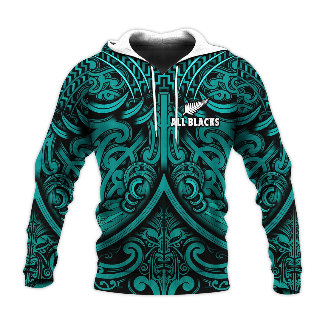 New Zealand Silver Fern Rugby Hoodie All Black Turquoise NZ Maori Pattern LT13
