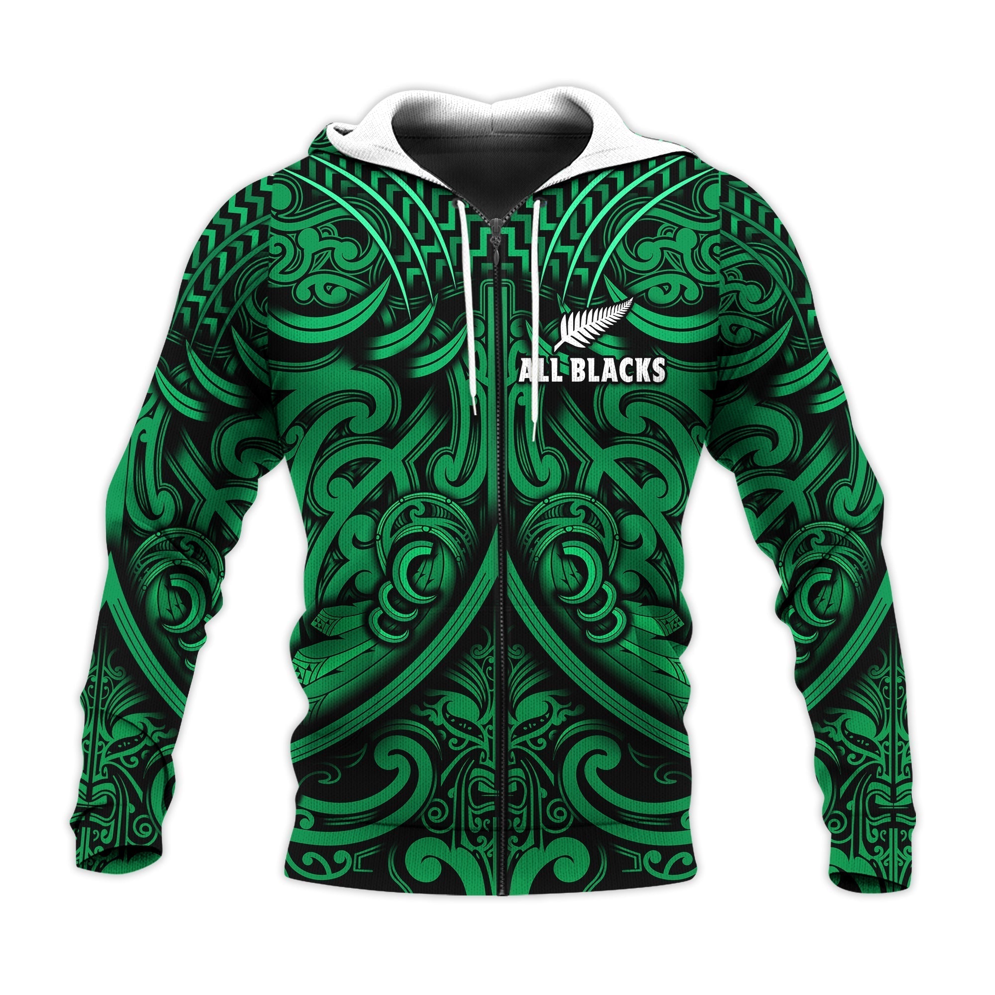 New Zealand Silver Fern Rugby Hoodie All Black Green NZ Maori Pattern LT13