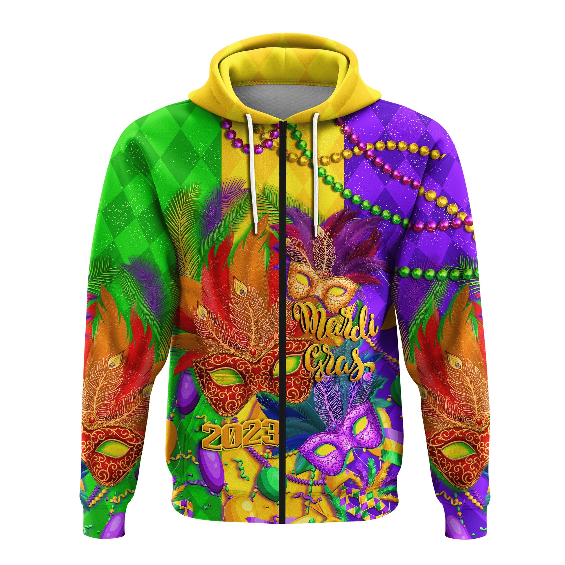 Custom Mardi Gras 2023 Hoodie Carnival Masks With Feathers LT14