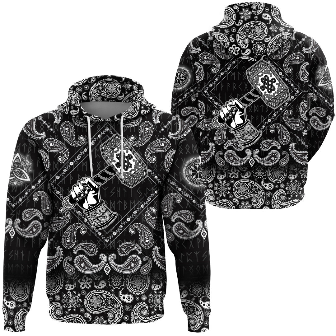 Viking Hoodie Hand Holding The Hammer Of God Thor with Bandana Paisley Style RLT12