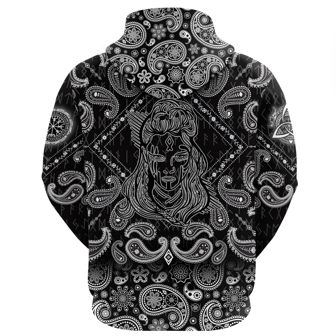 Viking Hoodie Hand drawn Abstract Image Of Female Viking with Bandana Paisley Style RLT12