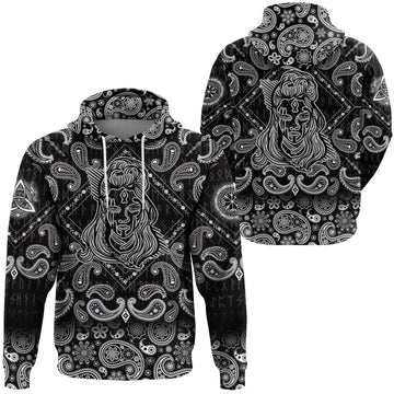 Viking Hoodie Hand drawn Abstract Image Of Female Viking with Bandana Paisley Style RLT12