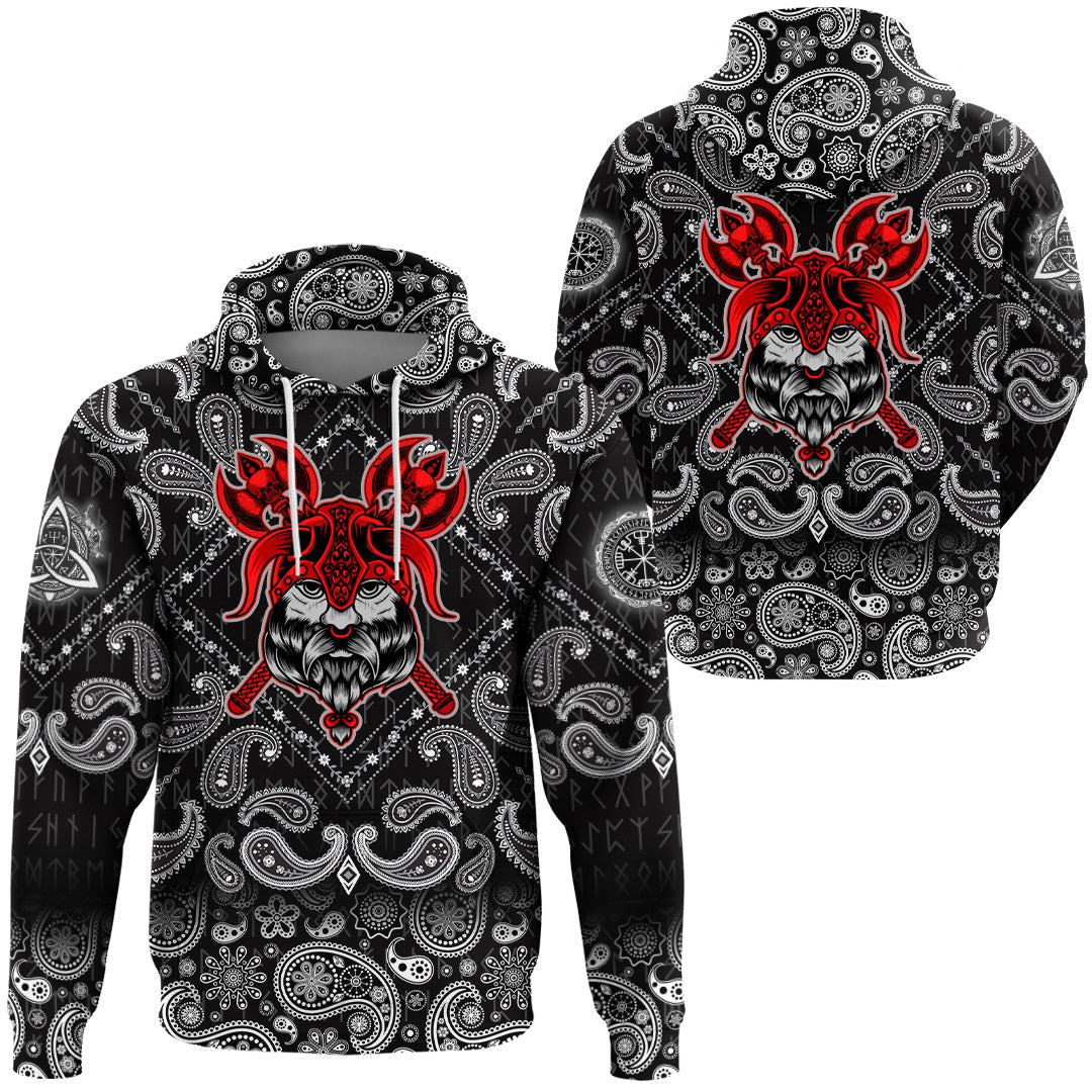 Viking Hoodie Head On Black with Bandana Paisley Style RLT12