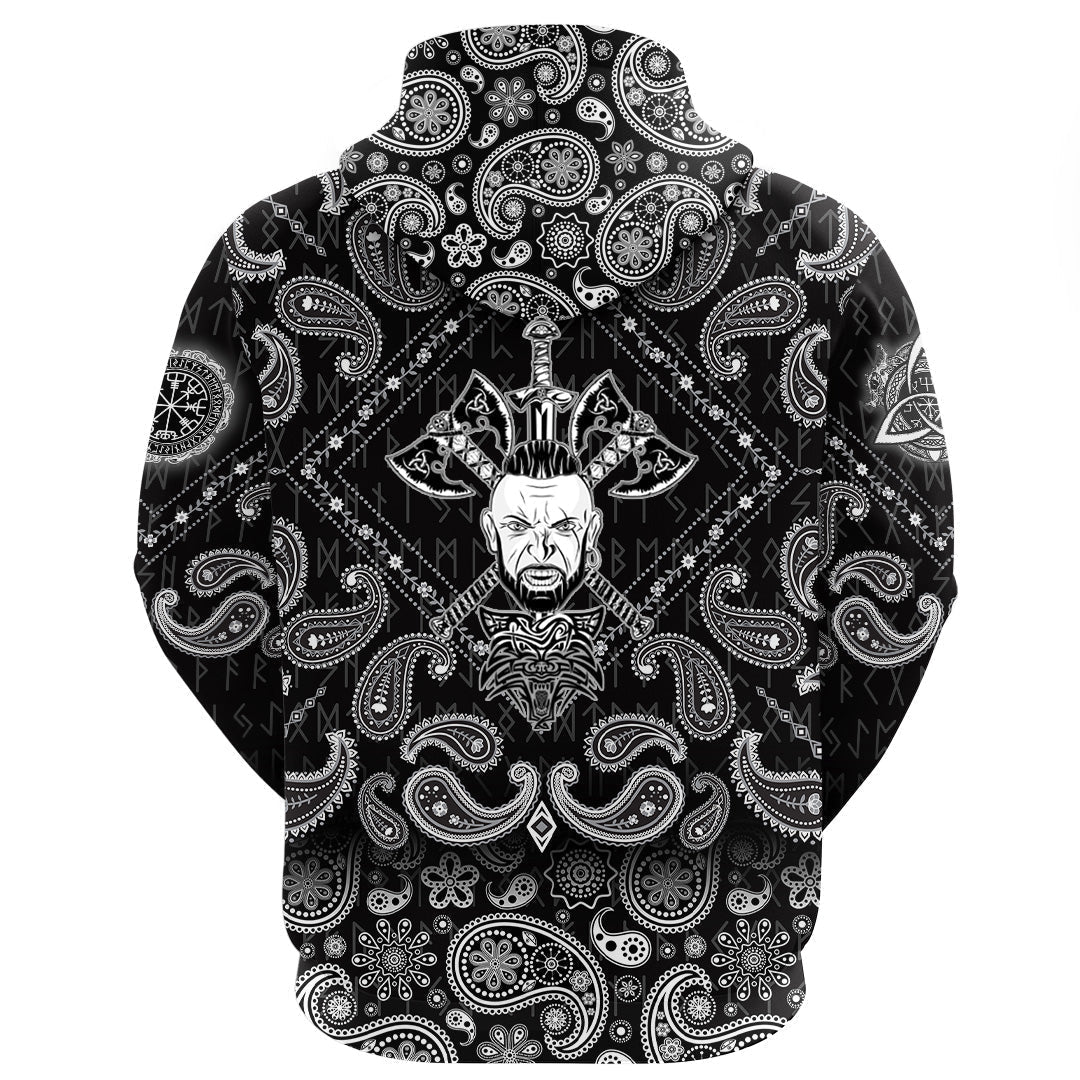 Viking Hoodie Head Two Battle Axes and Sword with Bandana Paisley Style RLT12
