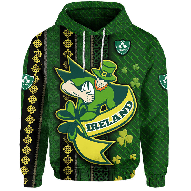 Ireland Celtic Knot Rugby Hoodie Irish Gold and Green Pattern LT9