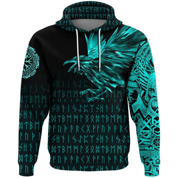 Viking Hoodie The Raven Of Odin Rune Cyan RLT12