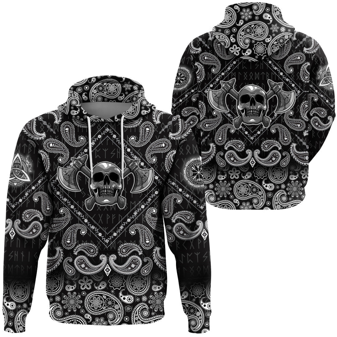 Viking Hoodie Human Skull With Axe with Bandana Paisley Style RLT12