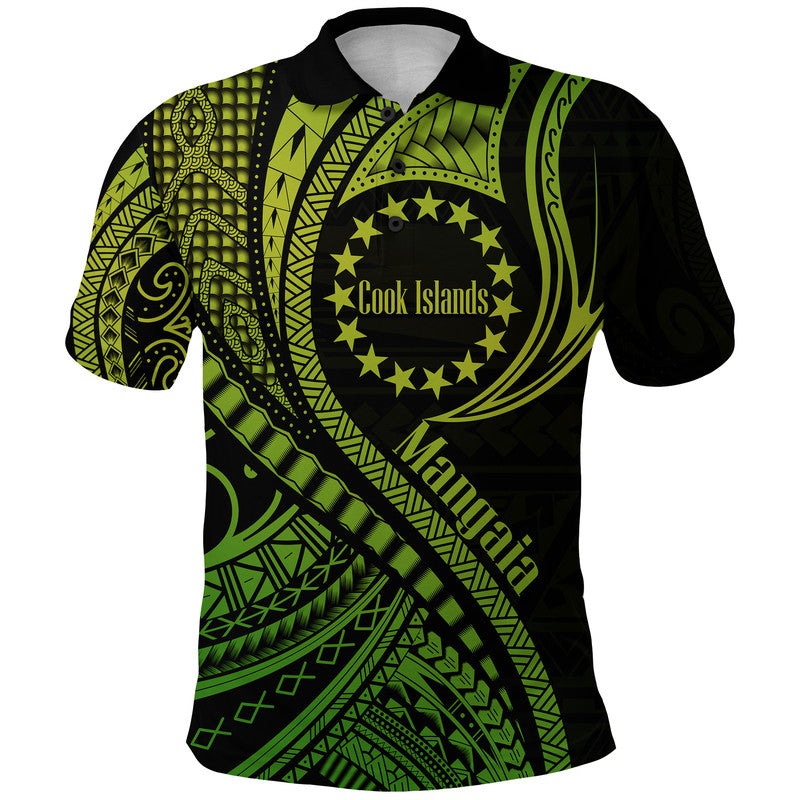 Mangaia Cook Islands Polo Shirt Green Polynesian Wave Style LT9