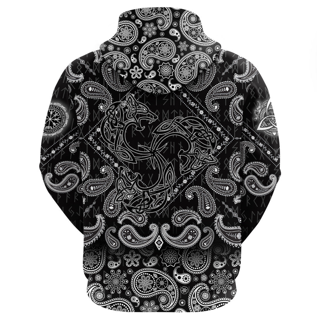 Viking Hoodie Norse Tattoo Wolf with Bandana Paisley Style RLT12