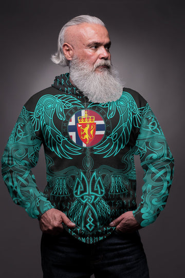 Viking Norway Zip Hoodie Valknut of Odin Cyan RLT12