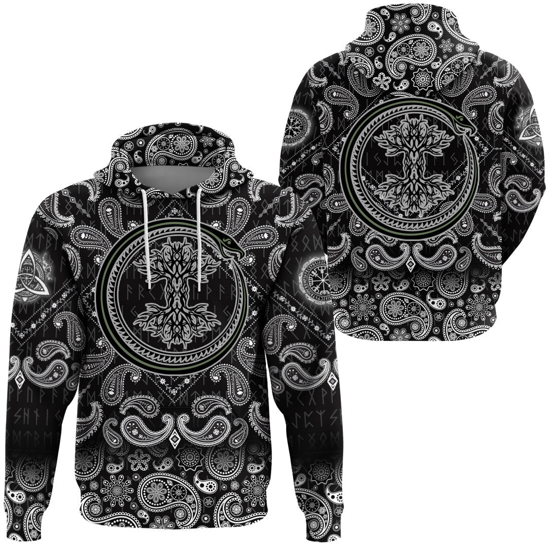Viking Hoodie Ouroboros Serpent Curled Up Around Yggdrasil with Bandana Paisley Style RLT12
