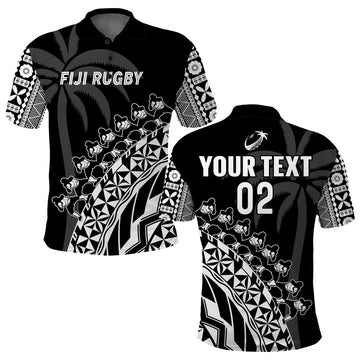 Custom Text And Number Fiji Rugby Polo Shirt Fijian Cibi Dance Tapa Pattern Black LT14