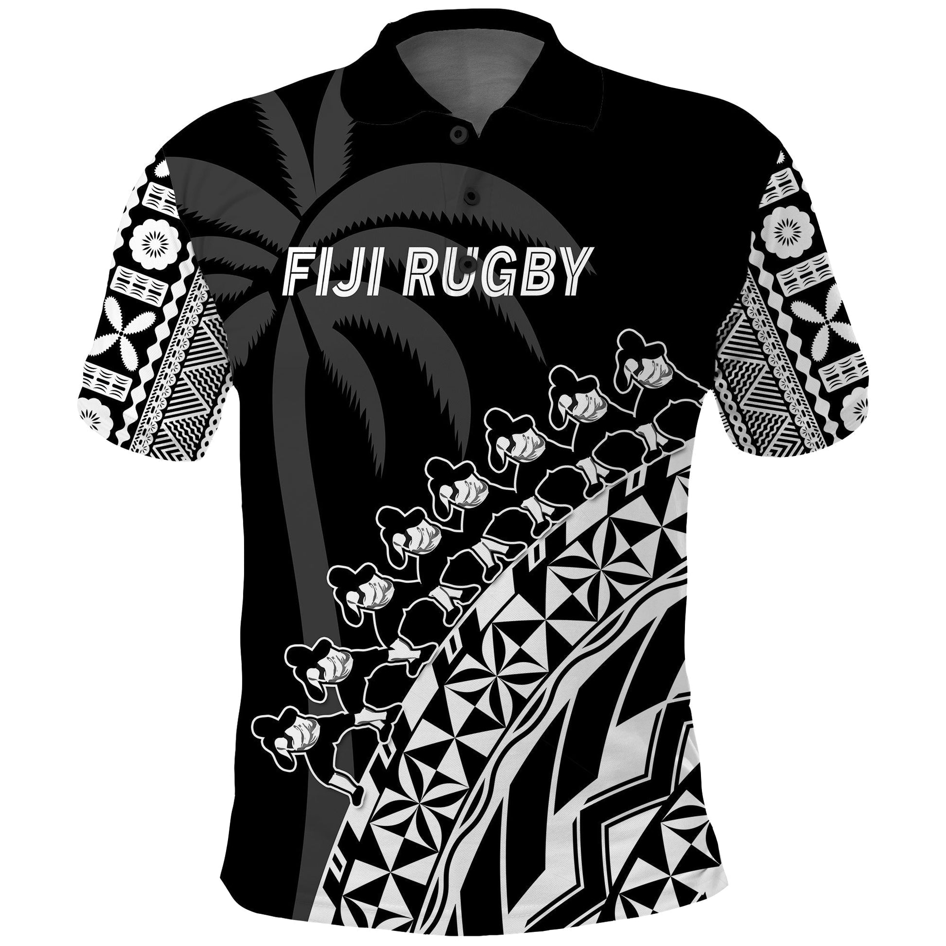 Custom Text And Number Fiji Rugby Polo Shirt Fijian Cibi Dance Tapa Pattern Black LT14
