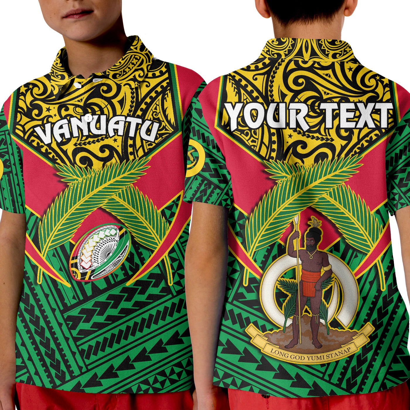 Custom Vanuatu Rugby Polo Shirt KID Coat Of Arms Polynesian Pattern LT14