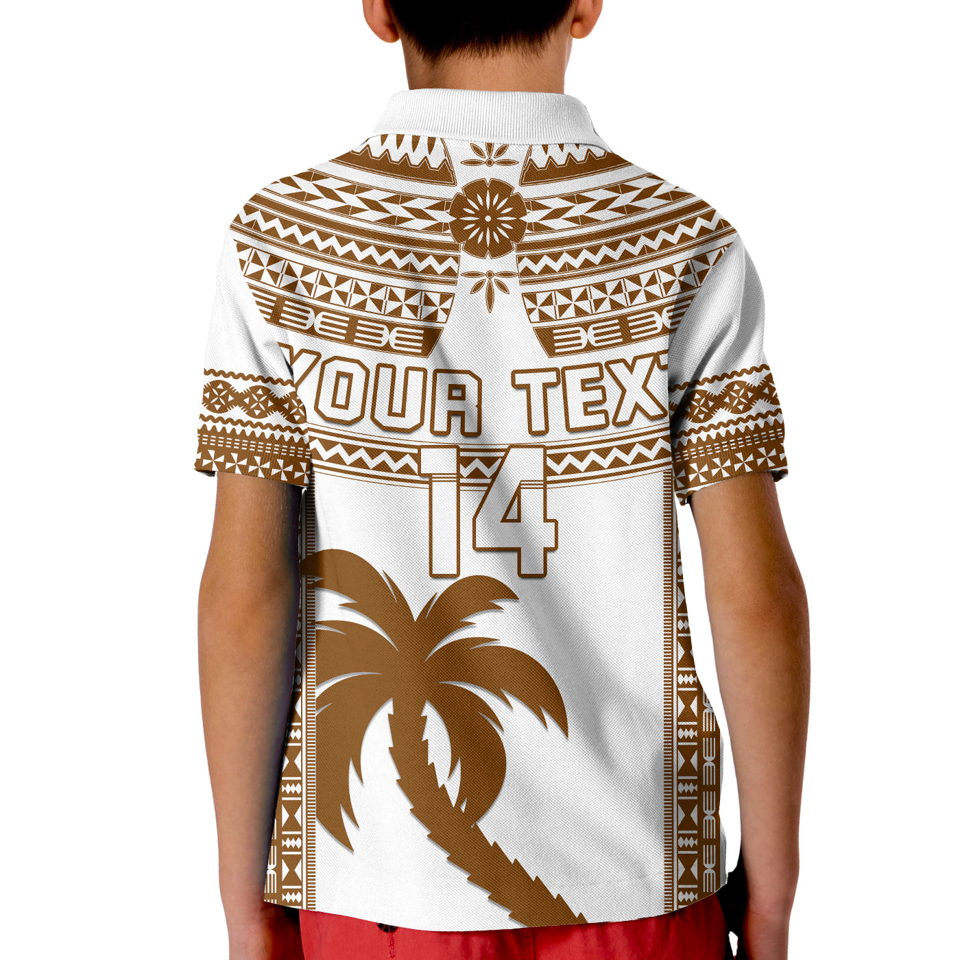 Custom Text And Number Fiji Rugby Polo Shirt KID Pacific The Bati Brown Fijian Tapa LT14