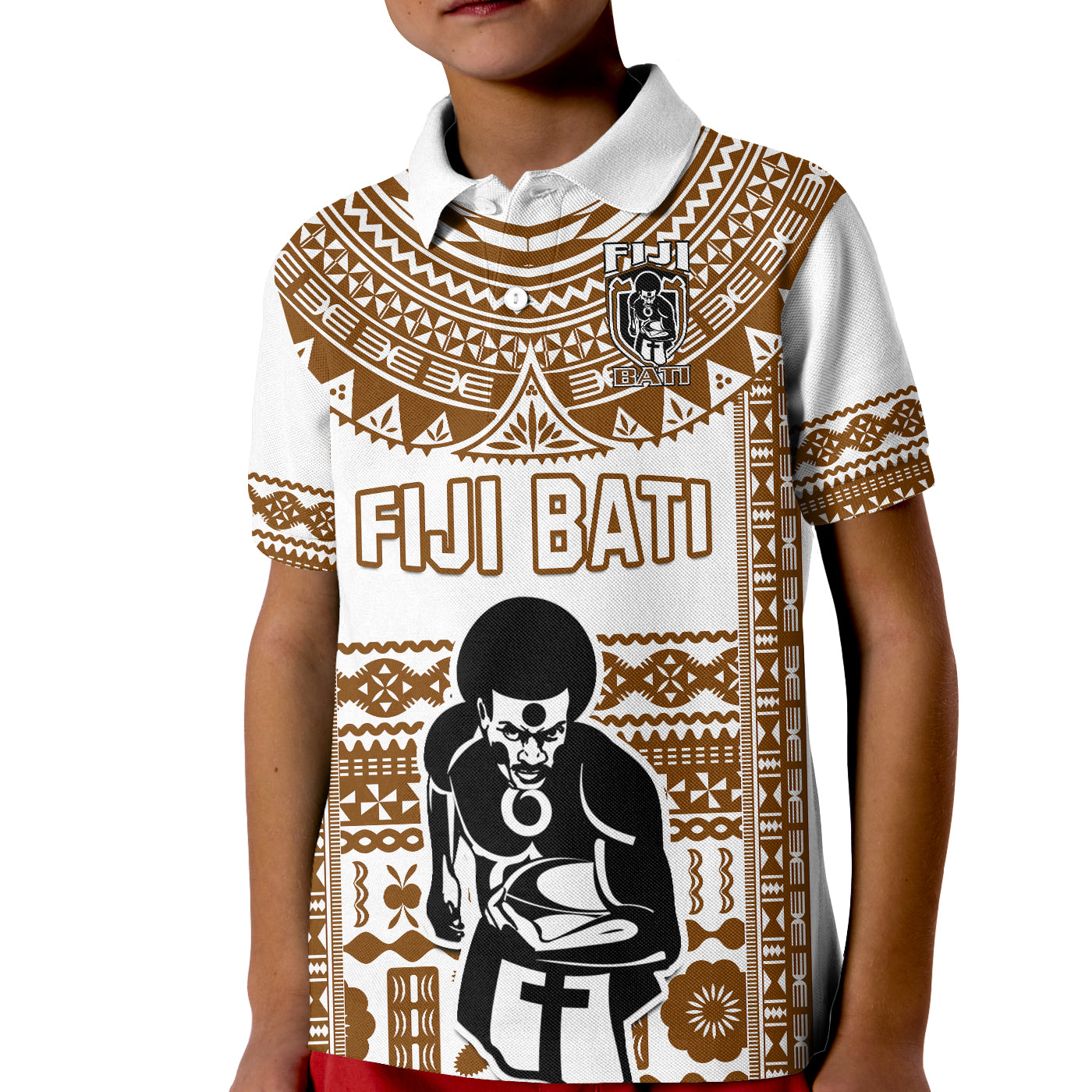 Custom Text And Number Fiji Rugby Polo Shirt KID Pacific The Bati Brown Fijian Tapa LT14