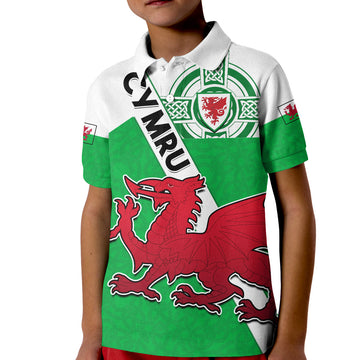 Wales Football Polo Shirt KID Come On Welsh Dragons With Celtic Knot Pattern LT14