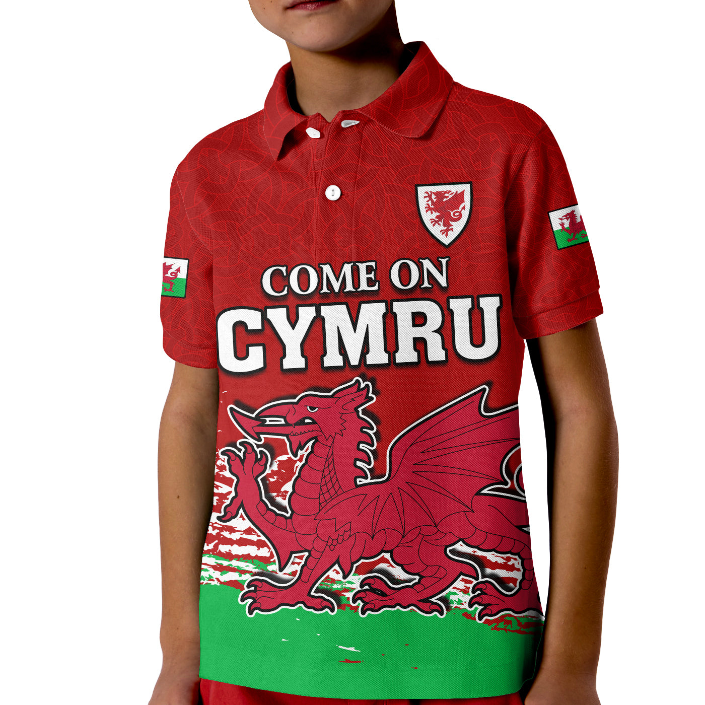 Wales Polo Shirt Football 2022 KID Come On CYMRU The Red Wall LT13